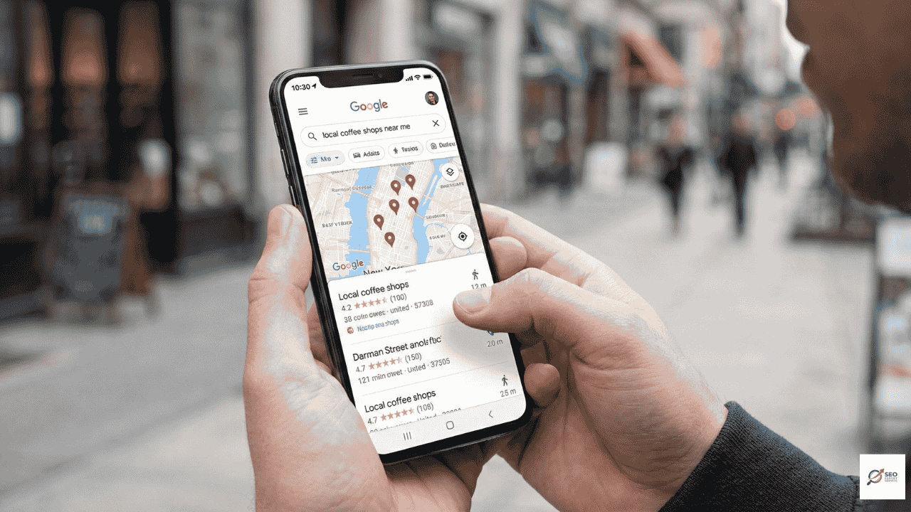 Smartphone displaying top-ranked Google Maps results for local emergency services.